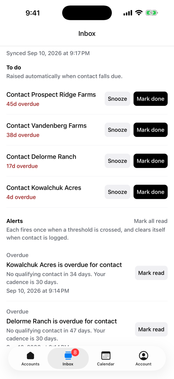 The inbox, showing overdue to-dos and alerts for accounts past their cadence